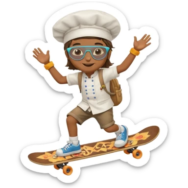 ["A happy boy with brown skin, straight hair, wearing a chef hat and sunglasses, dressed in hippie fashion, is skateboarding while holding a backpack."] sticker