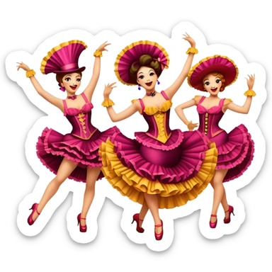 Cinematic Realistic Can-can Dance Emoji, depicted as a lively cabaret dance scene with flouncy costumes and dynamic energetic movement, rendered with vibrant textures and playful theatrical lighting that captures the spirit of French cabaret. sticker
