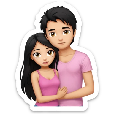 generate a pretty tan bratz boy with messy black hair wearing a white tshirt. Hugging a fair girl with long black hair, eyeliner, wearing a pink cami.  sticker
