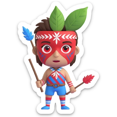 savage boy emoji with fierce expression, face painted in red white and blue stripes, tribal look with leaf covering, holding a sharp stick, inspired by Roger from LOTF sticker