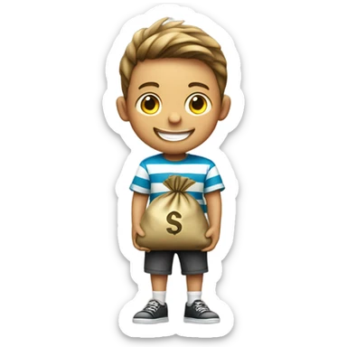 smiling boy in striped shirt with a money bag sticker