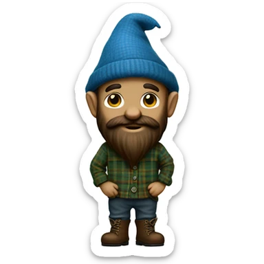 Full body gnome, dark beard, brown eyes, young, with a blue woolen hat, brown boots and a green plaid shirt. The body should be cartoonish and not realistic. sticker