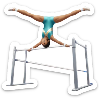 Professional gymnast performing a complex routine on parallel bars, demonstrating strength, control, and perfect balance. The gymnast is mid-air, executing a powerful move with focused concentration. The background shows a brightly lit gymnasium with a cheering audience. sticker