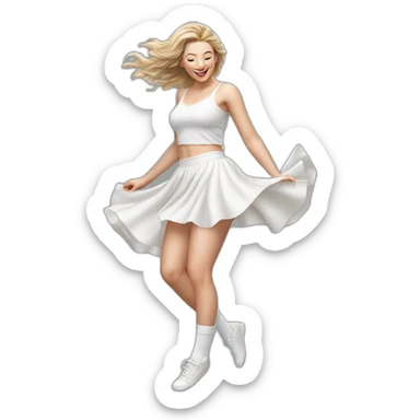 Hyperrealistic Full body Caucasian curvy beauty jumping short white skirt back and front views strong wind knickers long white socks sticker