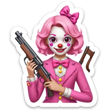 Smiling girl with clown face holding a gun with a bow with pink clothes on sticker
