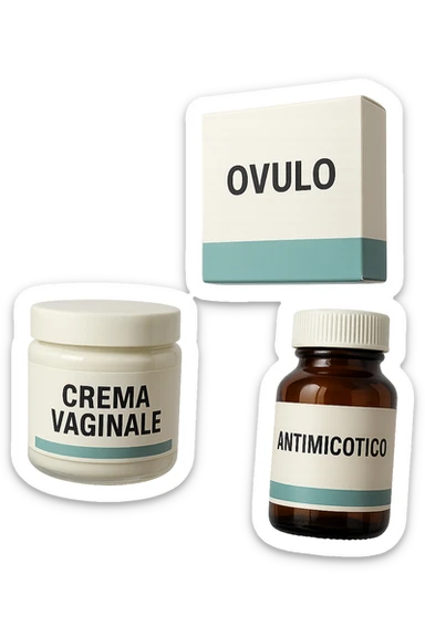 un barattolo di crema con la scritta "crema va**ale", una scatola con farmaco con la scritta "ovulo", un barattolo di farmaco con la scritta "antimicotico" in italiano sulle etichette, fluttuano in aria, IPERREALISTICO 4K sticker