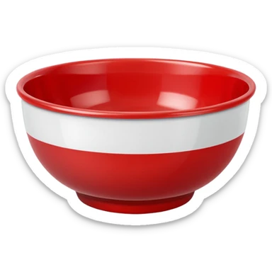 A bright red plastic household bowl. Smooth glossy surface, soft studio lighting, subtle shadow underneath. Product-style photography, crisp focus, minimalistic composition. sticker