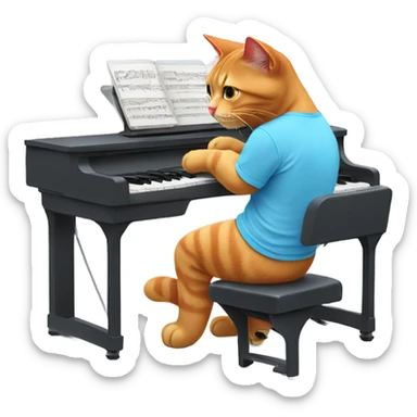 tan-red cat wearing a light-blue t-shirt and a blue base cap taps musical keyboard sticker