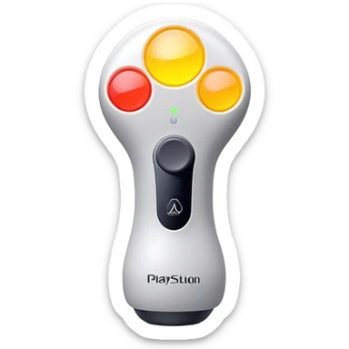 Clash of Clans aesthetic: Cinematic Playful PlayStation Move Controllers Portrait Emoji, rendered in a 3D vector-style similar to standard emojis with minimal shading and bold, simplified shapes. A compact, distinct form with signature details, softly glowing with a cutting-edge console technology charm. Simplified yet unmistakably iconic, highly detailed and consistent, glowing with a soft radiance and high shine. Stylized with a touch of technological advancement and a soft glowing outline, capturing the essence of a beloved gaming relic with a friendly, playful manner! sticker