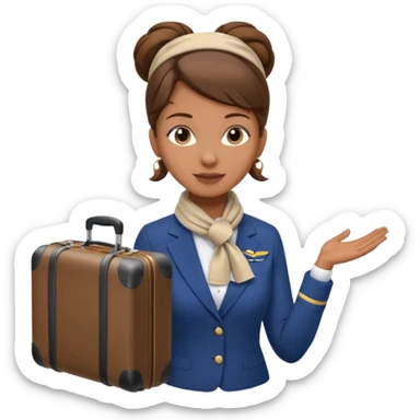 flight attendant, Light Brown skin, brown hair in single bun, neck scarf, suitcase sticker