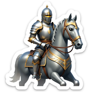 clash-of-clans-aesthetic_-cinematic-fearsome-and-majestic-knight-bust-portrait-emoji, rendered in a flat, vector-style with minimal shading and bold, simplified shapes, depicting a battle-ready medieval knight with steely eyes and intricate armor, mounted on a warhorse reflecting sunlight over a misty battlefield. sticker