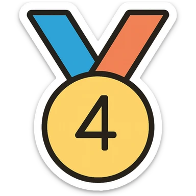 Add gold, bronze, and blue colors to the medal for 4th place, keep the number 4 visible, icon style, no background. sticker
