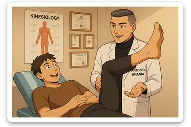 su questo lettino rappresenta un webtoon manga a colori con questo stile, in cui un uomo è steso sul lettino medico e il kinesiologo con il camice bianco (fagli anche la scritta "ANTONIO ANANIA" SUL CAMICE, gli solleva una gamba per fargli il test neuromuscolare, IL KINESIOLOGO SPIEGA ALL'UOMO UNA cosa mentre gli alza la gamba. l'espressione dell'uomo è felice e soddisfatta, non fare i fumetti però, fai solo in modo che sembri stiano parlando sticker