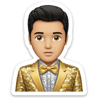 Elvis Presley with silver sequin shirt with gold bow tie, gold sequin suit sticker