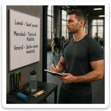 Athletic 30-year-old man in a modern gym, near a whiteboard with a weekly plan in Italian: 'Lunedì – Squat pesante', 'Mercoledì – Tecnica & Mobilità', 'Venerdì – Spinta volume moderato'. He observes the plan calmly, wearing sportswear, holding a pen and notebook. Around him: resistance bands, mobility tools, water bottle, protein bar. Strong and relaxed posture. Other athletes in the background. Natural light, fitness-lifestyle style, slightly cinematic. sticker