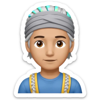 young climber man with white/grey braided hair and headband sticker