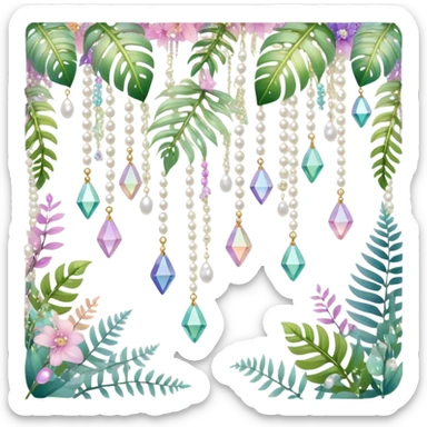 Exotic romantic pretty pastel Few cute tiny Iridescent glistening glossy sparkly shiny glittery hanging crystals pearls and beads and gemstones scenery scenic decorations with vines and ferns and flowers sticker