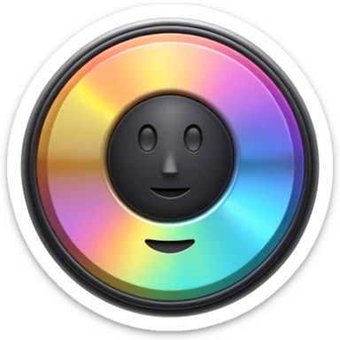 A speaker emoji 🔊 with a smooth CD-like surface that reflects iridescent colors shiny plastic body, prismatic reflections shifting across the front, soft sparkles and light gleams, holographic sheen, clean simple shape, bright colorful highlights sticker