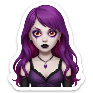 vampira gótica zumbi de cabelo longo e vermelho quase roxo e franja e roupa com decote e batom preto sticker