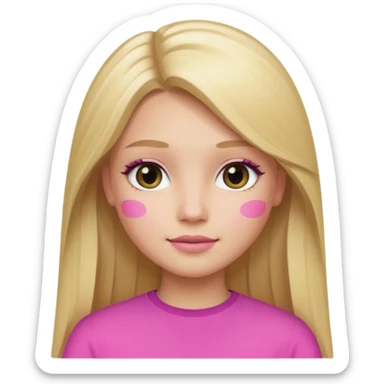 a blonde girl with long straight hair, pretty face, light day makeup wearing pink memoji sticker