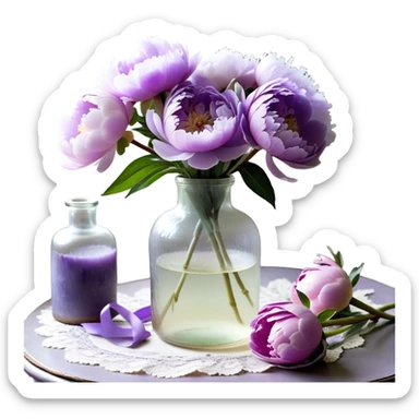 A vintage glass bottle with a slightly uneven surface holds a collection of pastel purple peonies, their petals unfolding in soft layers. A hand-dyed violet ribbon wraps around the neck of the bottle, its edges slightly frayed. Light passes through the dusty glass, casting shadows of overlapping petals onto a lace-covered table. A few loose petals rest nearby, their color fading toward the edges." sticker