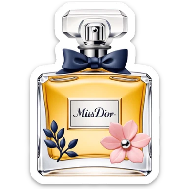 Miss Dior perfume bottle with floral accents, chic sticker