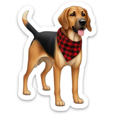 adult 75% Coonhound 25% German Shepherd mix dog with visible tail wearing small pointed red buffalo plaid bandana full body walking left quickly sticker