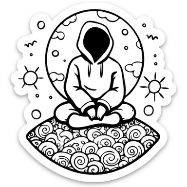 Hooded figure on cosmic earth surface, psychedelic patterns and energy flowing beneath, surreal sky above sticker