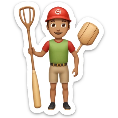 Make a wooden tube with a face and wooden legs and arms and a bat sticker