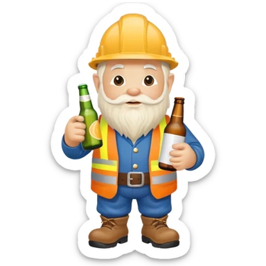 Garden gnome wearing construction clothes holding a bottle of beer sticker