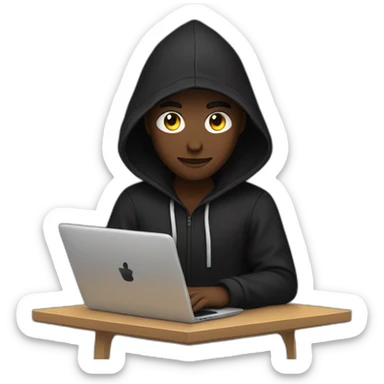 Young developer with a black hood behind his laptop sticker