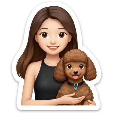 a asian girl with long brown straight balayage hair, long lashes, smiling, wearing black halterneck top, and holding a brown poodle sticker