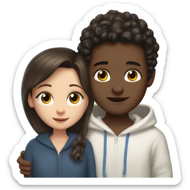 A light brunette girl with brunette eyes who is approximately 5,2 with a black hoodie and pijamas hugging a blue eyed light brunette boy with freckles wearing pijamas and a white hoodie sticker