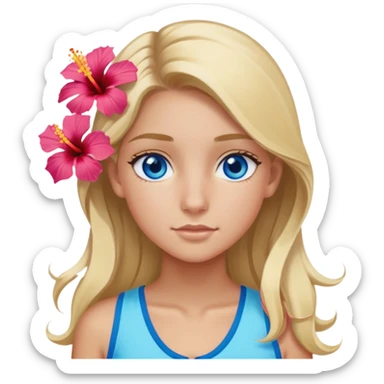 preppy coastal teen girl with blue eyes, beach blonde hair, tan skin, hibiscus flower in her ear, preppy beach outfit sticker