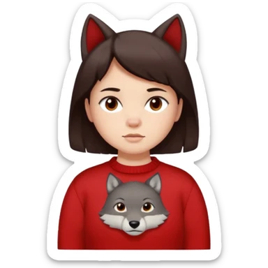 make a girl that has a boyish wolf cut thats right above the shoulders, give her a red sweater that says “ About you, the 1975 “ and make her face just right chubby but slso not too chubby. ( make it a white background and make the hair dark brown and also the eyes dark brown ) sticker