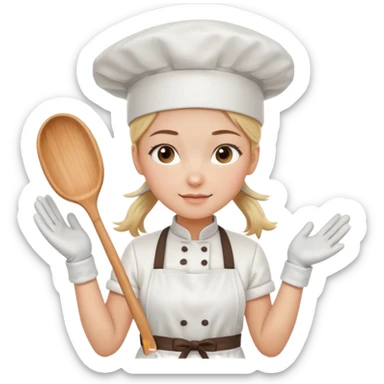 Young female pastry chef - single ponytail, apron, white chef's hat, wearing insulated gloves sticker