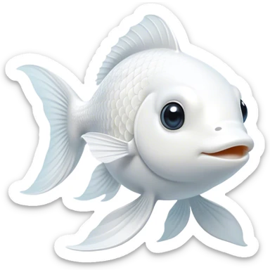 Cinematic Noble White Goldfish Portrait Emoji, Poised and regal, with a sleek, streamlined build and a luminous, pure white body, deep-set soulful pale eyes, Simplified yet sharp and sophisticated features, highly detailed, glowing with a soft, dignified glow, high shine, intelligent and graceful, stylized with an air of aquatic purity, focused and attentive, soft glowing outline, capturing the essence of a watchful and confident aquatic companion, so majestic it feels as though it could glide out of the screen with effortless authority! sticker