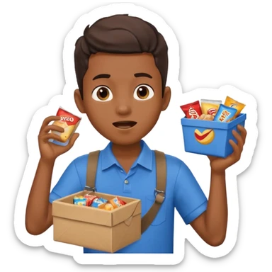 A young vendor boy with a snacks box strapped to his chest, calling out loudly. sticker