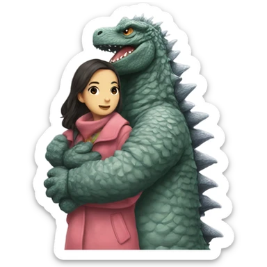 godzilla holding a pretty girl in a cute coat  sticker