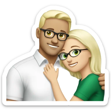 White Blonde woman with green eyes hugging white black haired man with brown eyes and glasses sticker
