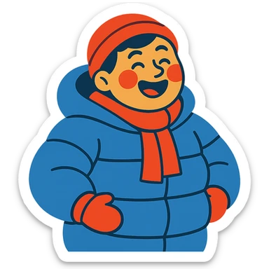 smiling person in a puffy winter coat, cheeks rosy from the cold, looking delighted sticker