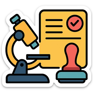 icon for diagnostic lab approval workflow, combining a microscope, approval stamp, and document, businesslike and easy to understand sticker