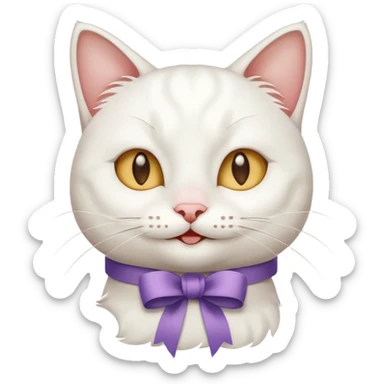 Head of a white cat, smiling, with a loose ribbon on top of its head
 sticker