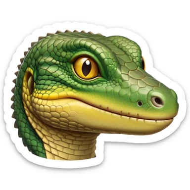 cinematic-realistic-cute-monitor-lizard-portrait-emoji,-head-tilted-playfully-and-inquisitively,-featuring-a-compact,-agile-body-with-finely-detailed,-glossy-scales-in-earthy-olive-hues-and-a-distinct,-alert-face-with-bright,-curious-eyes, yellow and dark green sticker