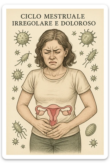 Donna con ciclo irregolare e doloroso a causa dei parassiti in italiano sticker