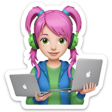 Create an emoji of a woman with pink hair tied into two pigtails. She is a game streamer, wearing green headphones, holding a MacBook, and dressed in a blue outfit. sticker