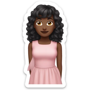 White woman with long black curly hair and bangs and dark brown eyes, wearing a pastel pink dress sticker