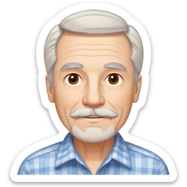 Man in his 70s with fair skin and gentle wrinkles. Long face with warm smile. Soft light brown eyes. Thin gray eyebrows. White goatee beard connected to mustache. Straight white hair combed back, longer on sides. Wearing a light blue and beige checkered button-up shirt. sticker