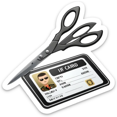 Floating black Scissors cutting an idf soldier ID card in 2 parts .hyper realistic sticker