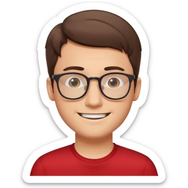 guy with short brown hair and glasses. he looks like a nerd. he is wearinf red sticker